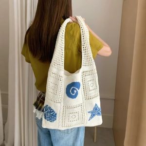STAR-GIRL Starfish Crochet Tote Bag Solid Color Shell Knitting Handbag Casual Korean Style Woven Shoulder Bag Ladies