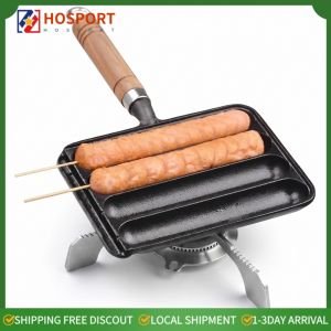Heavy Duty Cast Iron 4-Slot Sausage Pan with Hooks for Homemade Sausage Grill Pan for Kitchenware and Tableware