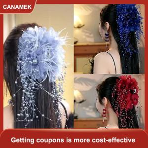 【CANAMEK】 Phụ Nữ Sang Trọng Lưới Hoa Ngọc Trai Tua Tóc Clip Nữ Fluffy Cá Mập Móng Vuốt Tóc Phụ Kiện Tóc Mũ