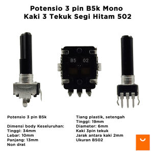 Potensio 3 pin B5k Mono Kaki 3 Tekuk Segi Hitam 502