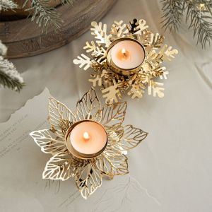 MMLUCK Modern Snowflake Candle Holders Flower Shape Golden Christmas Candleholder Candle Stand Iron Tealight Holders Table Centerpieces