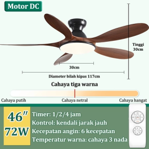 GOGEOUS Lampu Kipas Angin Gantung Plafon Modern LED Dan Sederhana Hias Jauh 2IN1 3 Warna 6 Kecepatan 46/56 Inci 72 Watt Ruang Tamu Meja Makan Kamar Tidur Balkon Hitam/Putih Kipas Angin Gantung Plafon Remote