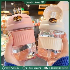 350ML Glass Cup Cute Rabbit Straw Cup Coffee Mug Drinking Cup with Lid and Protective Sleeve