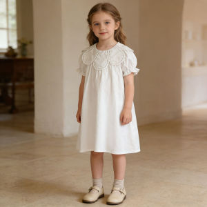 Girls White New Summer Baby Dress Puff Sleeve Korean Style Petal Collar Toddlers Kids Cotton Cute Party Dress Princess Dresses2026