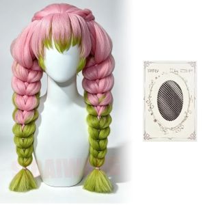 Women Pink Green Long Curly Double Ponytail Synthetic Hair Wig Anime Cosplay Lolita Wig for Party Halloween Daily Costume Wigs