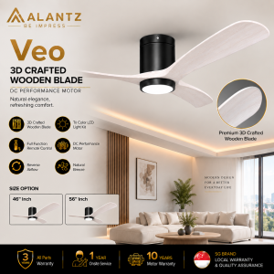 (FREE INSTALLATION BY AGENT) ALANTZ Veo 46 / 56 Inch DC Performance Motor Ceiling Fan 24W Tri-Color LED 3D Crafted Wooden Blade Black and White