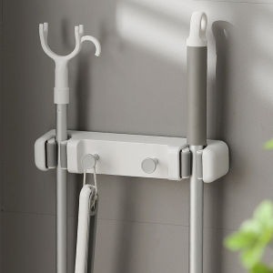 🔥READY STOCK 🔥 Stainless Steel Broom Holder Wall Mounted 2 Racks 2 Hooks Anti-Slip Broom Hanger