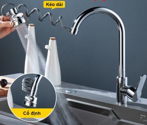 Đầu nối vòi rửa bát tăng áp có dây kéo dài thu gọn đầu nối vòi nước 3 chế độ