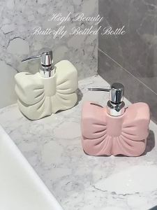 LDIES 1pc Ceramics Bowknot Lotion Press Bottle Household Bathroom Shower Gel Bottle Plastic Pump Head Bathroom Liquid Dispenser T4Y7B