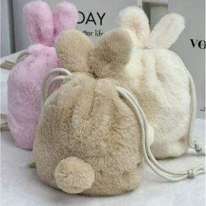 OOC Fluffy Style Drawstring Storage Bag Large Capacity Multi-Functional Rabbit Ear Bag Portable Tail-Like Tassel Makeup Bag Daily Travel
