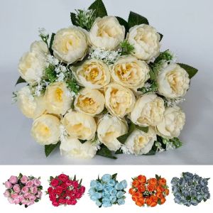 YUDESHUI 18Heads Mini Poeny Artificial Flower Silk Petal Multicolor Faux Flower Creative Green Leaves Simulation Poenies Bouquet Home Decoration