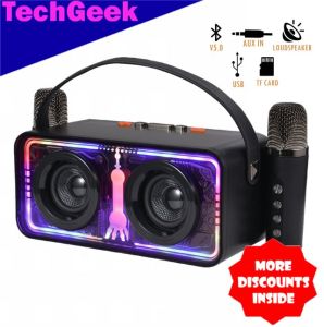 TG QIXI SK-2065 Wireless Bluetooth V5.0 Speaker Shocking Sound Unique Design Karaoke Speaker with 2 Wireless Microphone