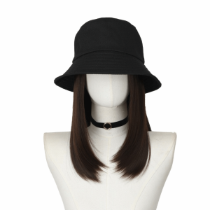 CHARMI Bucket Hat Black Fisherman Hat Wig Hairpiece Synthetic Short Straight Hair Hat Wigs Simple Natural Hat and Wig All-In-One for Women