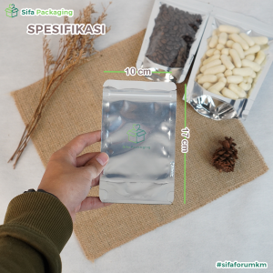 Standing Pouch Alumunium Foil Full Plastik Klip Ziplock Sealer Kemasan Makanan Super Silver Standing Pouch Window 10x17 12x20 14x22 16x24 isi 100 pcs
