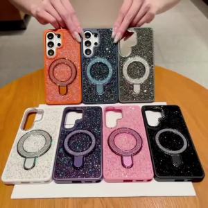 Bling Glitter Powder Diamond Case For Samsung Galaxy S26 Ultra Magnetic Metal Stand Bracket Cover For Samsung S25 Ultra Shell