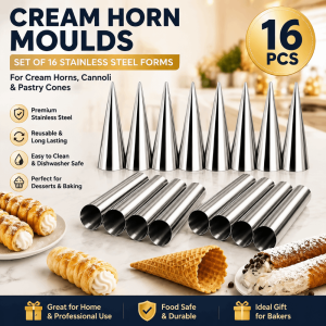 W3RF 16pcs Spiral Pastry Cone Mold Set Non Stick Stainless Steel Cone Cream Horn Mold Durable Easy Release Croissant Conical Tube Mold Kitchen Baking