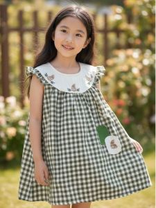 Cute Green Checkered Baby Dress with Bunny Embroidery (Ages 2–7)
