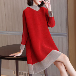Nova quality⭐One person one pleat ⭐Casual color contrast half high collar slit Miyake pleated dress autumn and winter new long-sleeved bottoming pleated A-line skirt over the knee