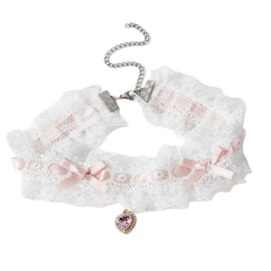 Lace Rhinestones Bowknot Heart Pendant Chokers Necklace Alloy Sturdy Chain for Daily Occasions