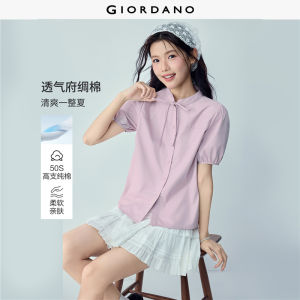 Giordano Beau Monde Women 100% cotton tie neck short sleeve shirt Free Shipping 13346473
