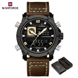 NAVIFORCE Genuine Leather Men Watch Double Display Waterproof Multifunction Watch with Small Dial Luminous Date Watches