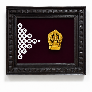 Brass Sitting Ganesha and Kolam Design Wall Hanging Frame with Teak Wood Border | Pooja Room Decor for Home & Housewarming Gift | 13*11 Inch (1 Pc)