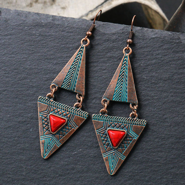 Vintage Indian Tribal Green Turquoises Dangle Earrings Bohemian