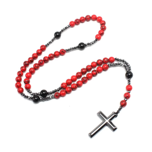 Hematite Beads Rosary Necklaces Cross Pendant Red Pine Stone Christian Catholic Religious for Women Men Gift