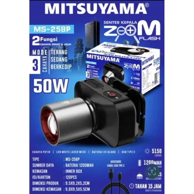 Mitsuyama Senter Kepala MS 258P 50W Zoom Flash – 3 Mode Cahaya Baterai 1200mAh - HeadLamp zoom - SC