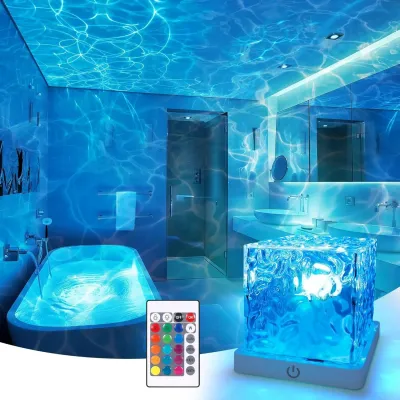 Rechargeable Shower Light No Wiring 16 Color Changeable Ocean Wave Projector Light Dimmable Waterproof Shower Lamp with Remote Rotating Flame Water Ripple Lamp for Shower Bathroom Bedroom Decor
