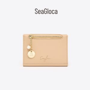 SeaGloca Minimalist Card Wallet with Zipper Coin Pocket 4 Card Slots Pearl Charm Slim Small Wallet For Woman