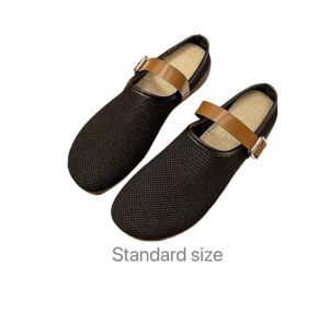 Aesthetic Japan style knit material flat boat shoes with pu strap decor