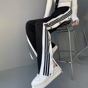 High-Waisted Striped Wide-Leg Pants with Split Hem & Button Front Casual Sporty Trousers for Women