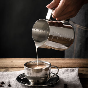 ถ้วยกาแฟลายสแตนเลส 350 มล. พร้อมเกจวัดปริมาตร ถ้วยลายกาแฟหนาพิเศษ กาละมังนม ถ้วยผสมกาแฟ