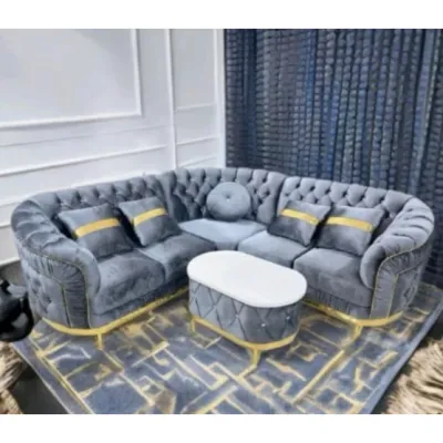 sofa l sudut kancing type wolfy bahan kain plus meja kaki besi