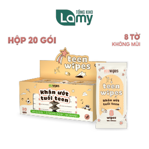Hộp 20 gói khăn ướt Teen Wipes gói 8 tờ nhỏ gọn tiện lợi không mùi cho học sinh sinh viên