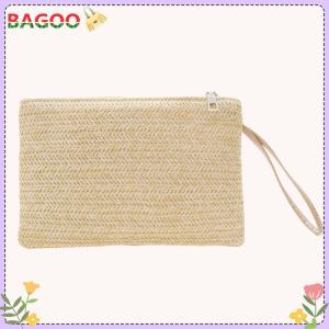 [BAGOO]Women Bohemian Style Beach Summer Woven Clutch Wristlet Bag Solid Color Purse