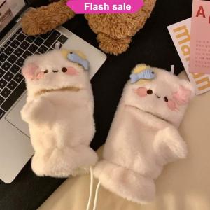 SHENHAO2🎀 Mèo đáng yêu phim hoạt hình lật găng tay sang trọng ấm lạnh sinh viên găng tay Phụ nữ mùa đông ngoài trời mềm dày nửa ngón tay màn hình cảm ứng găng tay