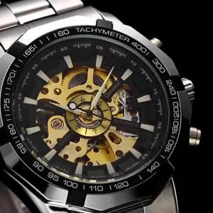 X0421 Mens Wrist Watch Automatic Mechanical Hollow Skeleton Dial Stainless Steel Band