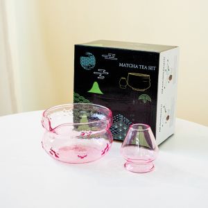 DFGFIN Bowknot Matcha Bowl Glass Pink Japanese Tea Set Reusable Matcha Whisk Set Tea Lovers