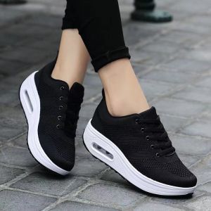 Women Korean Style Air Cushion Jogging Sneakers Lightweight Mesh Breathable Thick Sole Casual Black Rubber Shoes For Women