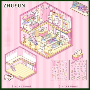 ZHUYUN 1Set Creative 3D Simulation Cabin Stickers Cute Cartoon Handmade DIY Landscaping Stickers Scene Stacking Pasting Stickers