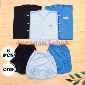 Paket 6Pcs Setelan Baju Bayi Baru Lahir Kutung dan Celana Pop Kekinian Seri Biru - Juragan lebak