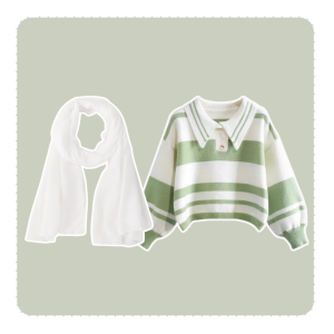 One Set Casual Wanita kekinan Hijab Pashmina kaos Jersey Putih & Sweater Rajut Salur & Rok Plisket Putih 068A