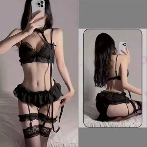 [SX49] - Bộ Đồ Lót Phối Nơ Kèm Đai Garter Nịt Tất Vớ Nữ Cosplay Hầu Gái Cao Cấp