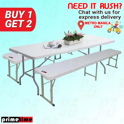 Primetime Rectangular 6ft Fold-in-Half Multi-Purpose Plastic Table with Metal Legs + 2 x Folding Plastic Benches