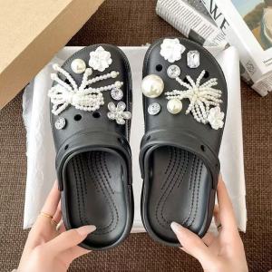 [Free Shipping] Rhinestone And Pearl Cloud-Shaped Perforated Sandals For Women Outdoor Slip-On Beach Shoes Home Slippers WomenS Closed-Toe Shoes