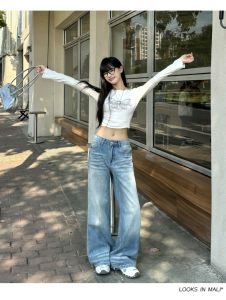 JIAQI กางเกงยีนส์ขากว้างผู้หญิง 2025 ฤดูร้อนใหม่ย้อนยุค กางเกงยีนส์ทรงหลวม ทรงตรง กางเกงขายาวทรงหลวม ทรงหลวม