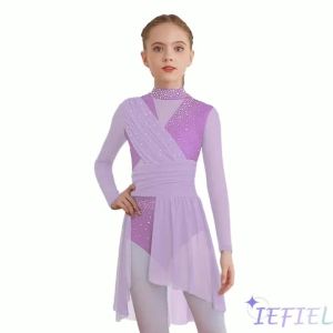 Kids Girls Ballet Jazz Dance Dress Long Sleeve Side Split Sheer Mesh Ruched Glittery Rhinestones Lyrical Dance Leotard Dress2026
