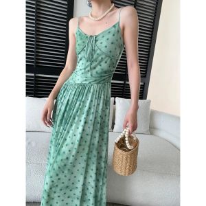 2026 New Summer Women Polka Dot Lace-up V Neck Gradient Printed Slim Waist Elegant Camisole Dress